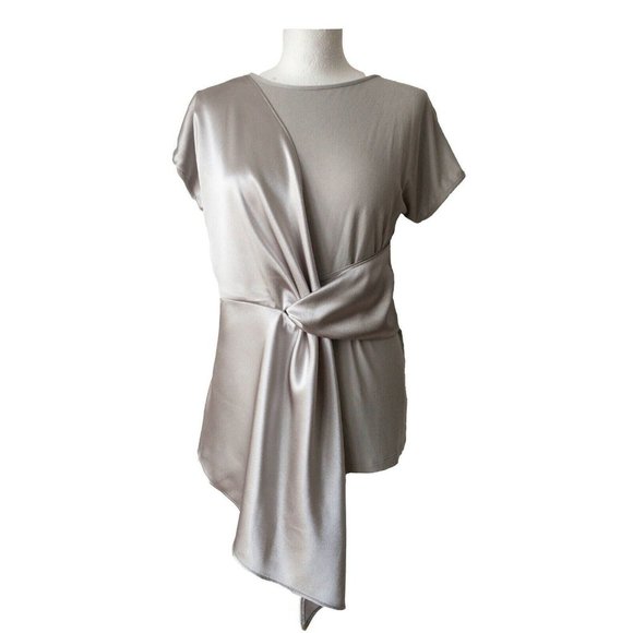 Tops - Mink Colour Satin Type Jersey Contrast Top Size 10 Asymmetric Wrap